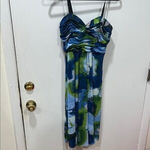 Laundry By Shelli Segal Blue and Green Strapless Midi Dress